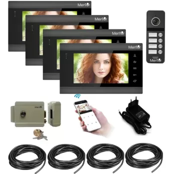 Kit Interfon Video 4 familii wireless WiFi IP65 2MP 7 inch Color 3in1 4 fire Mentor SYKT010