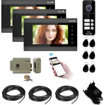 Kit Interfon Video 3 familii wireless WiFi IP65 2MP 7 inch Color 4in1 4 fire Mentor SYKT006