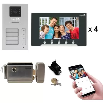 Kit Interfon Video 4 familii wireless WiFi IP65 2MP 7 inch Color 3in1 2 fire Mentor SYKT020