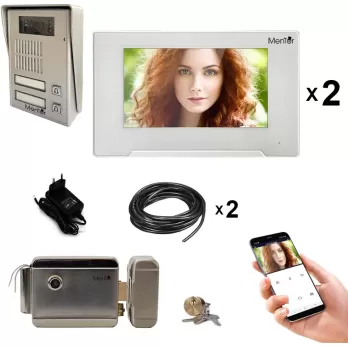 Kit Interfon Video 2 familii wireless WiFi IP65 2MP 7 inch Color 3in1 4 fire Mentor SYKT023