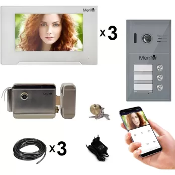 Kit Interfon Video 3 familii wireless WiFi IP65 2MP 7 inch Color 3in1 4 fire Mentor SYKT026
