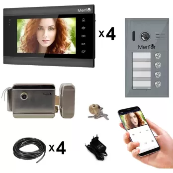 Kit Interfon Video 4 familii wireless WiFi IP65 2MP 7 inch Color 3in1 4 fire Mentor SYKT027