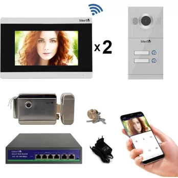 Kit Interfon Video 2 familii wireless WiFi IP65 1.3MP 7 inch Color 3in1 POE RJ45 Mentor SYKT029