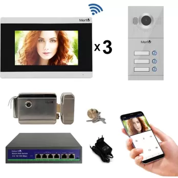 Kit Interfon Video 3 familii wireless WiFi IP65 1.3MP 7 inch Color 3in1 POE RJ45 Mentor SYKT030