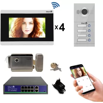 Kit Interfon Video 4 familii wireless WiFi IP65 1.3MP 7 inch Color 3in1 POE RJ45 Mentor SYKT031