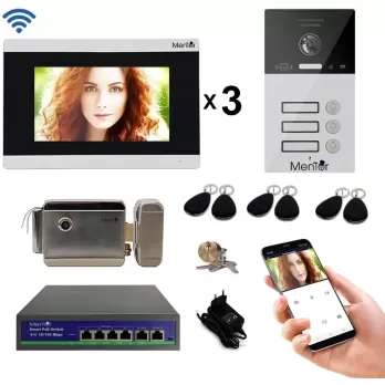 Kit Interfon Video 3 familii wireless WiFi IP65 1.3MP 7 inch Color 4in1 POE RJ45 Tag Mentor SYKT034