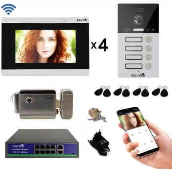 Kit Interfon Video 4 familii wireless WiFi IP65 1.3MP 7 inch Color 4in1 POE RJ45 Tag Mentor SYKT035