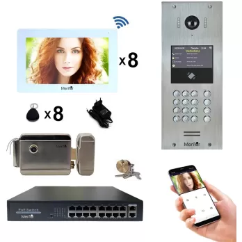 Kit Interfon Video 8 familii wireless WiFi IP65 1.3MP 7 inch Color 4in1 POE Tag Mentor SYKT036