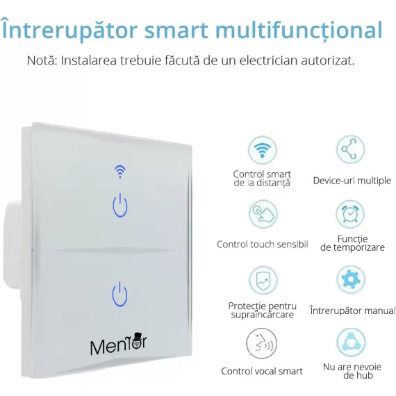 Intrerupator inteligent wireless Mentor WiFi 10A 1200W dublu alb cu touch-4