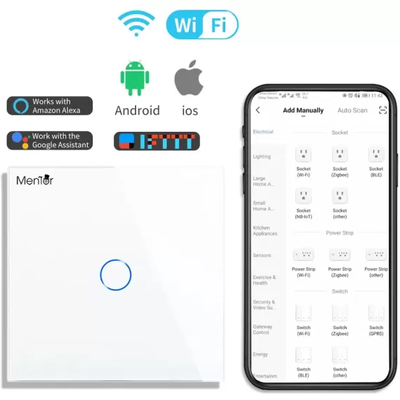 Intrerupator touch simplu Smart wireless Mentor ES040 WiFi 600W 10A cu NUL alb-11