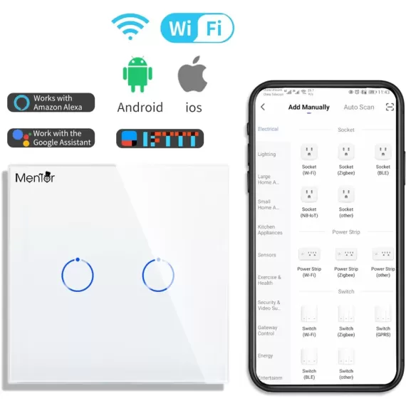 Intrerupator touch dublu Smart wireless Mentor ES042 WiFi 2x600W 10A cu NUL alb-2